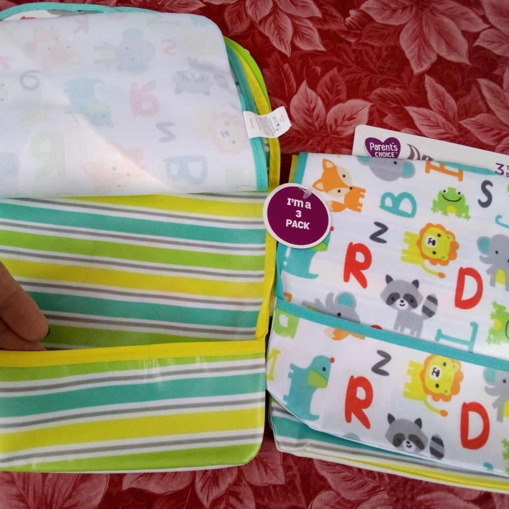 Parent's Choice Canvas Baby 3 Bibs Water Resistant w/ Crumb Catcher NO METAL !